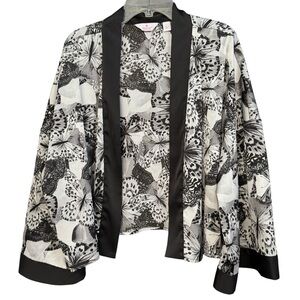 Breezies Butterfly Kimono Robe XL Black White Satin Lounge Wrap